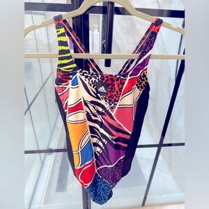 ADIDAS One Piece Racer Back Stripe Animal Print Swimsuit - Multi Color US38”